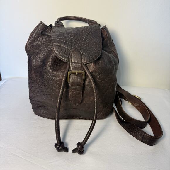 Free People 100%Sheep Leather Backpack Brown Croc Embossed Drawstring Buckle Bag - Picture 1 of 16